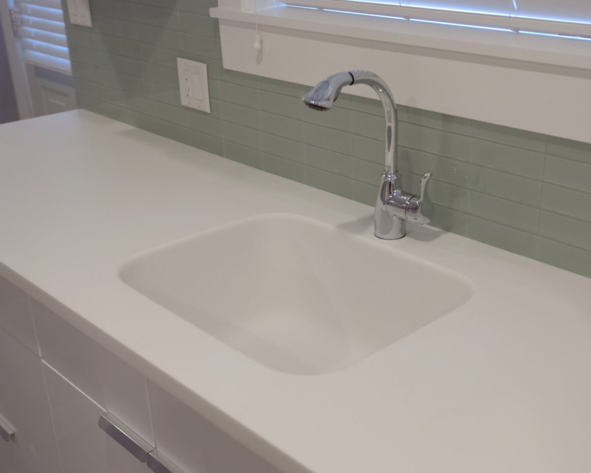 solid surface kitchen countertop with integrated sink